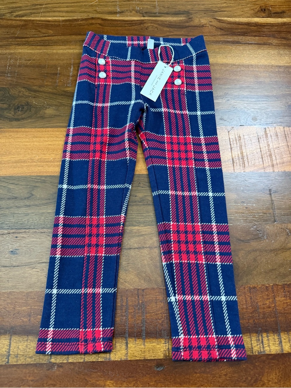 Janie and Jack Girls 4 Tartan Jacquard Button Pants Navy Red Plaid NWT